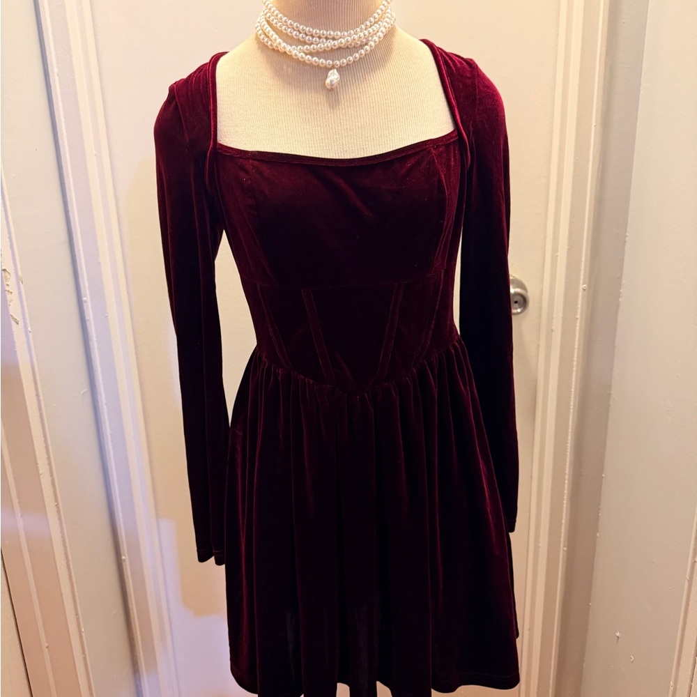 SHEIN Velvet Long Sleeve Dress in Deep Burgundy